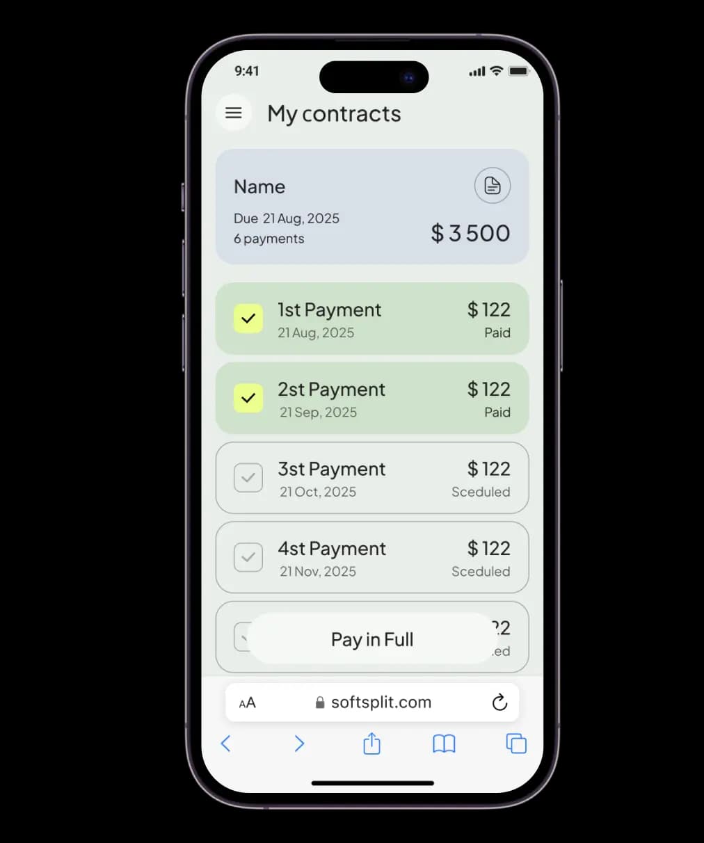 Mobile interface showing payment tracking